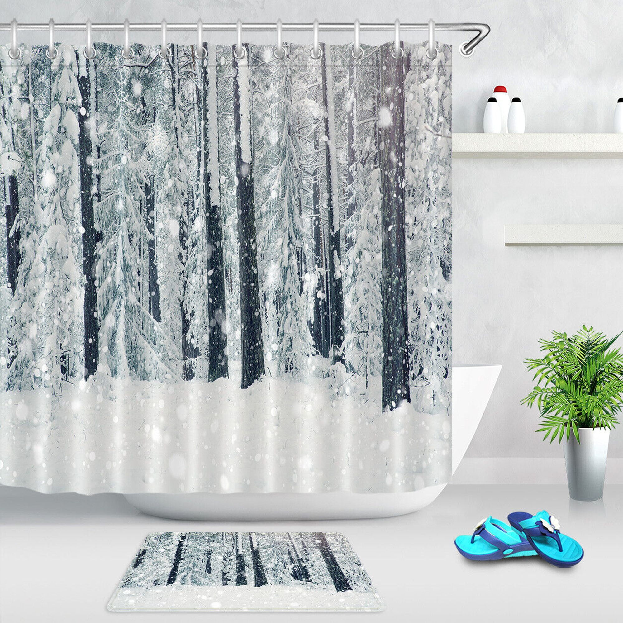 Winter Wonderland Shower Curtain Set with Pine Trees Forest Print Stunning Bathroom Decor