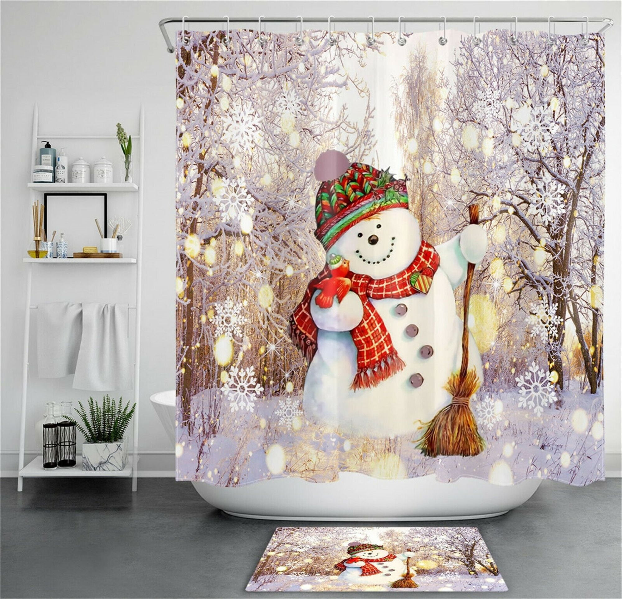 Winter Wonderland Shower Curtain Set with Playful Snowman and Elegant Snowflakes Design