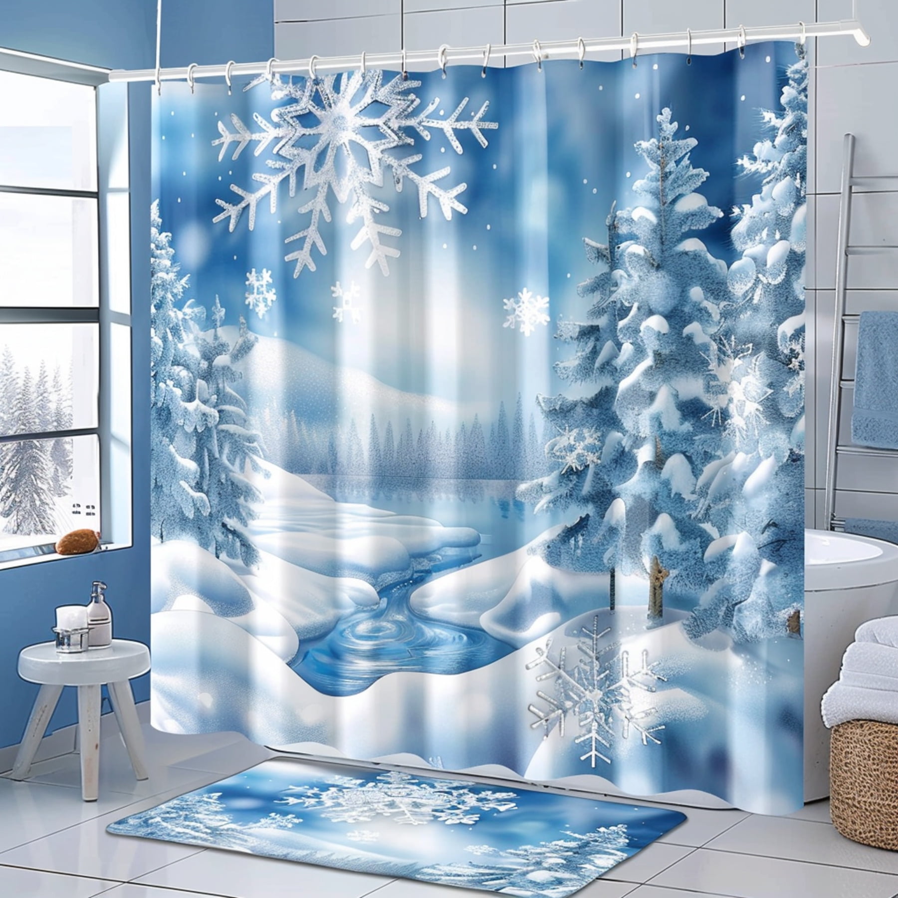 Winter Wonderland Shower Curtain Snowflake Design for Bathroom Decor White and Blue Color Scheme