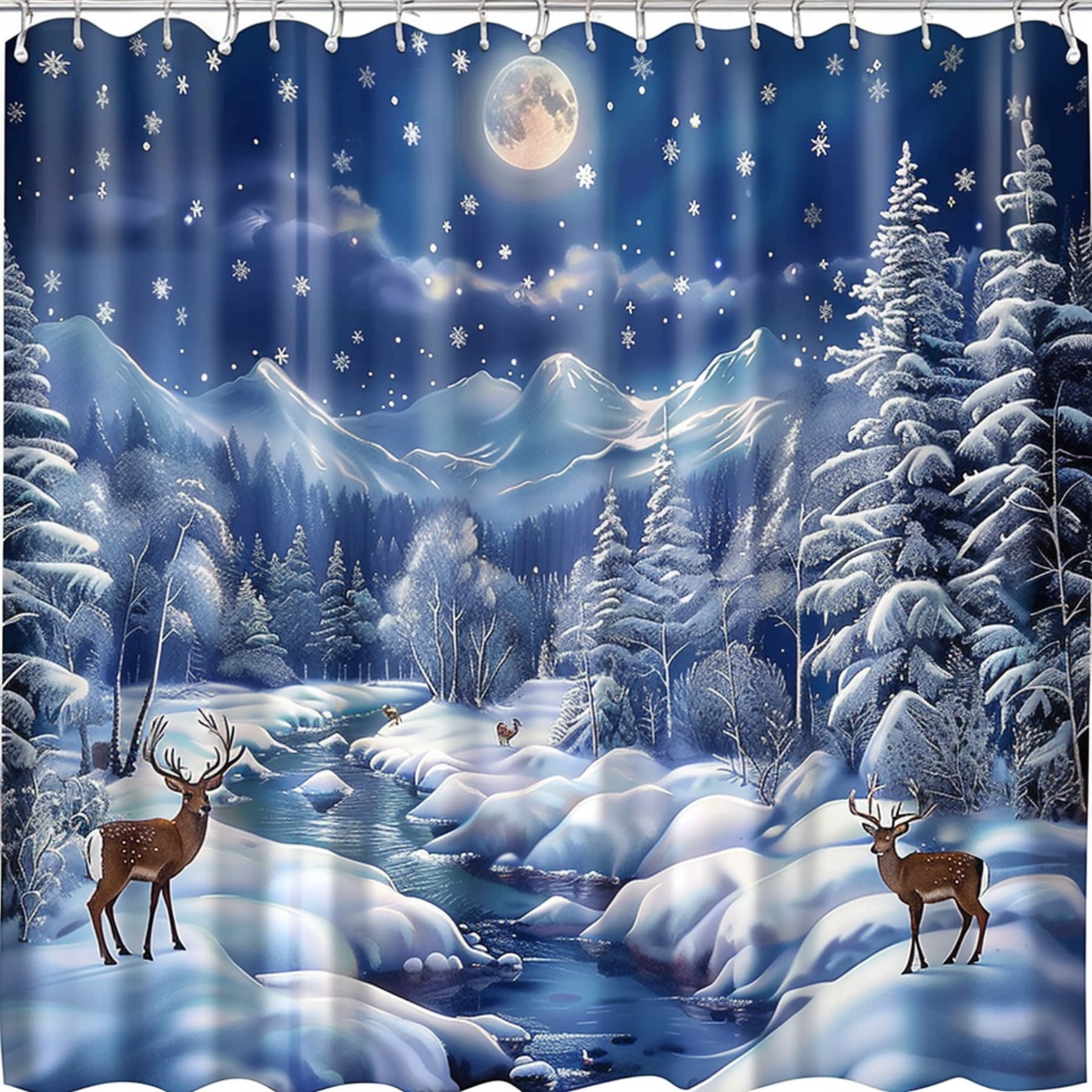 Winter Wonderland Shower Curtain Snowy Forest Scene with Deer Pine