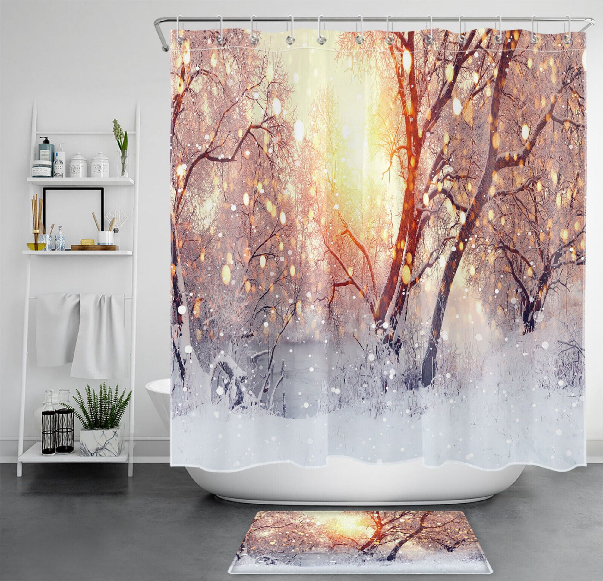 Winter Wonderland Shower Curtain Transform Your Bathroom with a Magical Sunset Forest Scene