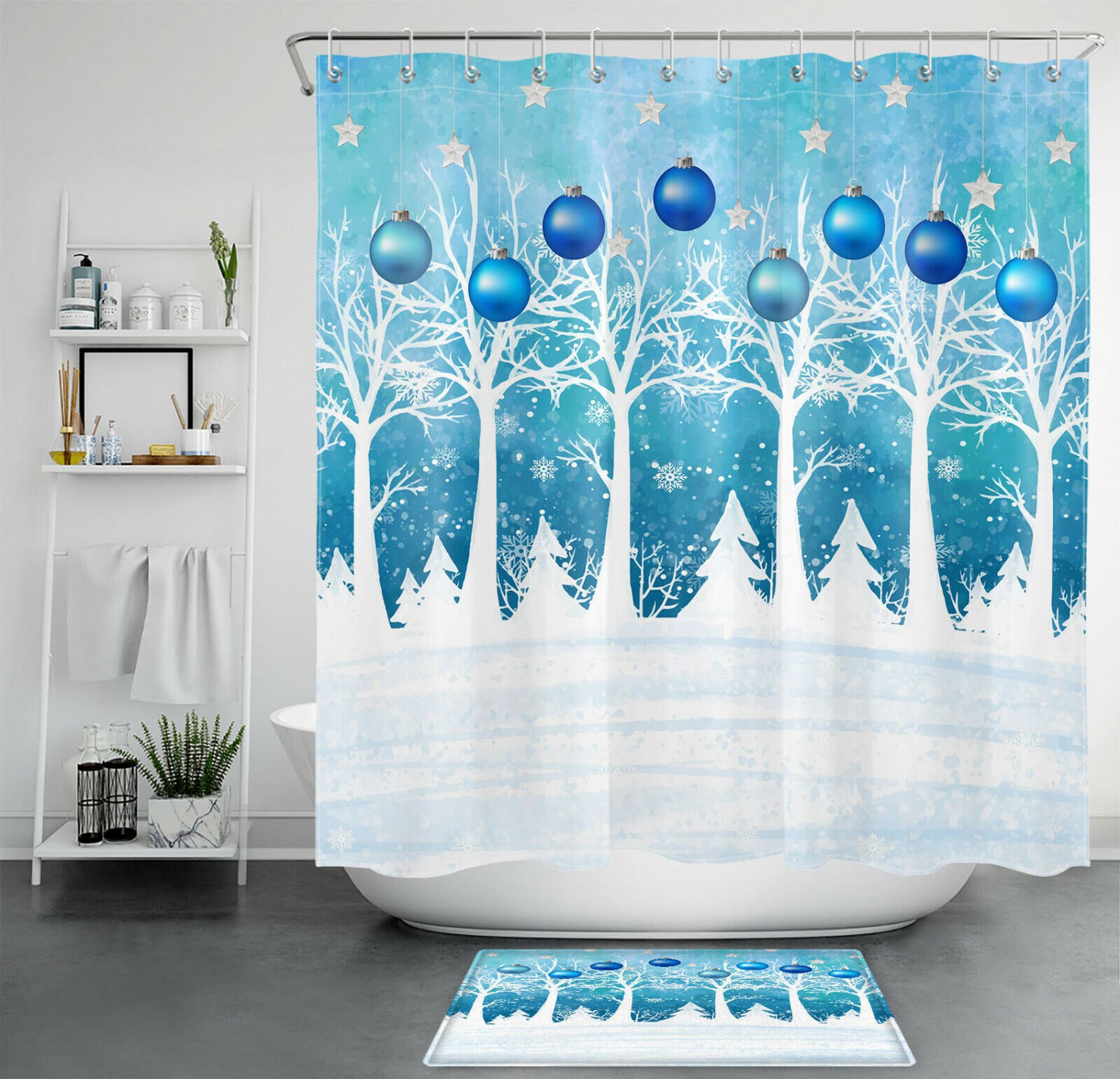 Winter Wonderland Shower Curtain with Blue Christmas Ornaments and Snowy Forest Scene for