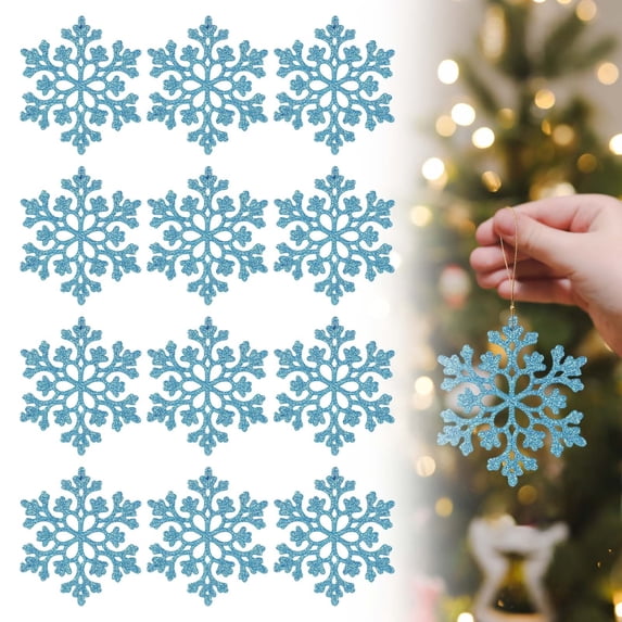 Winter Wonderland Sky Blue Snowflake Ornaments Glitter Hanging Christmas Decorations for Tree Garland Wreath Window 12 Pack 3.92 Inch