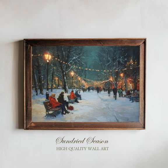 Winter Wonderland Snow Park Art Print, Kristmas Light String Home Decor, Peaceful Walk Scene For Living Room Or Bedroom Warm Present Vintage UNFRAMED Poster Size 24x36