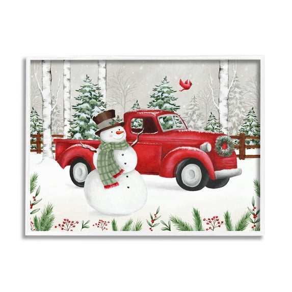 Winter Wonderland Snowman Cardinal Snowy Red Truck Transportation Painting Framed Art Print Wall Art