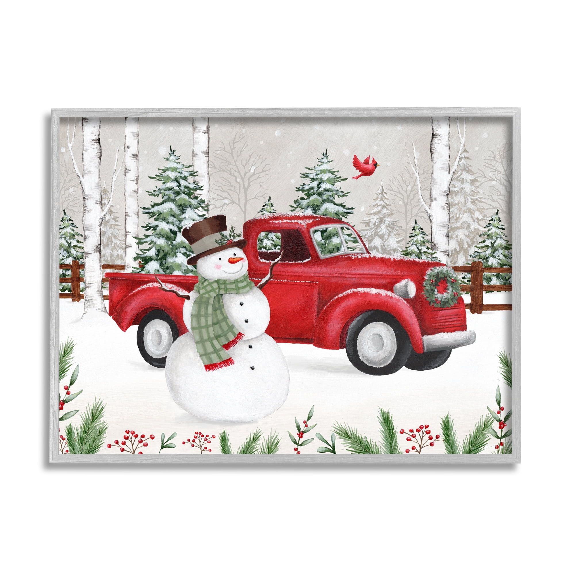 Winter Wonderland Snowman Cardinal Snowy Red Truck Transportation Painting Framed Art Print Wall Art