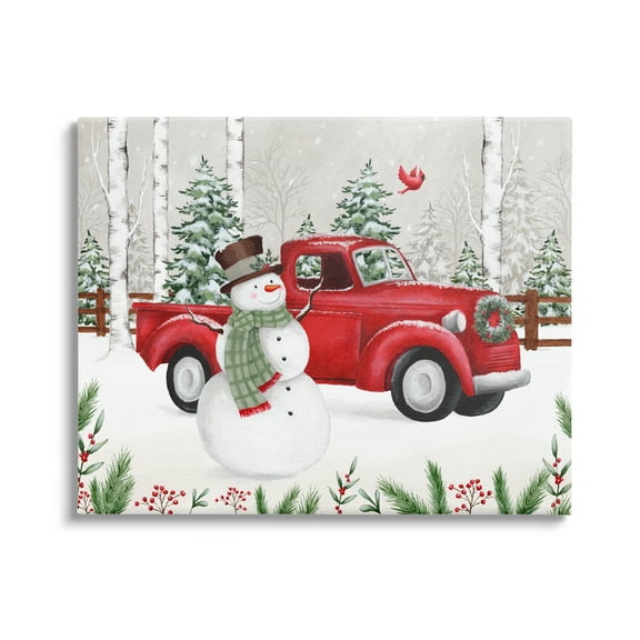 Winter Wonderland Snowman Cardinal Snowy Red Truck Transportation Painting Gallery-Wrapped Canvas Print Wall Art
