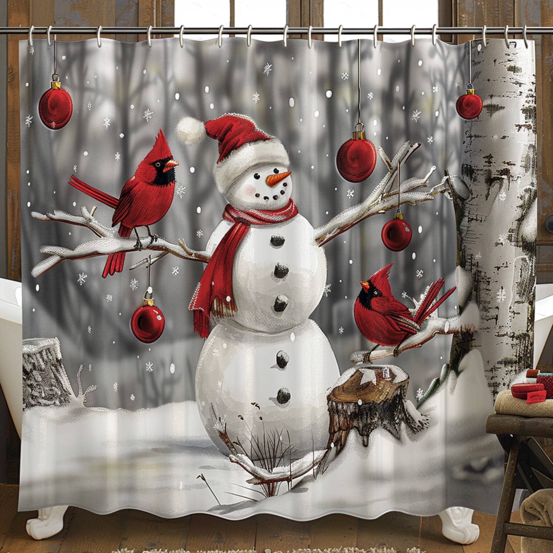 Winter Wonderland Snowman and Cardinals Shower Curtain Christmas Theme