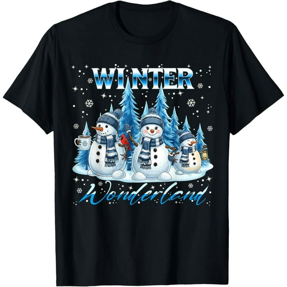 Winter Wonderland Snowman Family Snowflake Cozy Winter Scene T-Shirt BLACK Unisex S-5XL Hot Trending Shirt, Vintage Birthday Gift