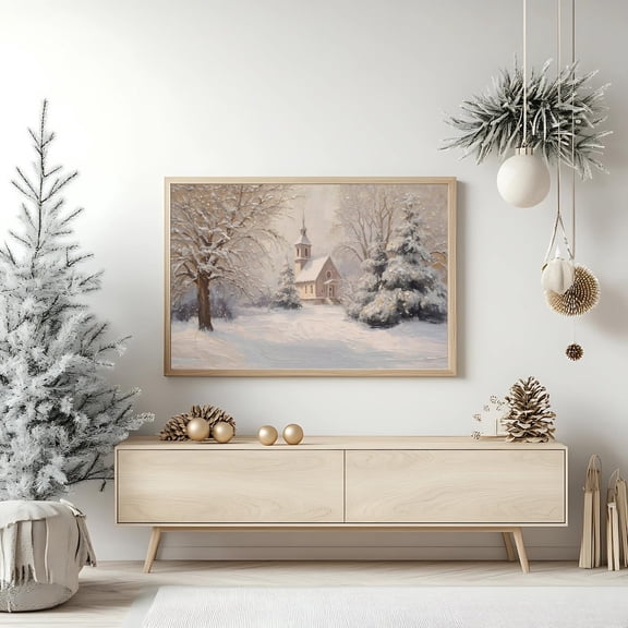 Winter Wonderland Snowy Church Winter Landscape Print, Cozy Neutral Wall Art, Scandinavian Winter Decor, Home Decor #50, Unframed Poster Size 12x18