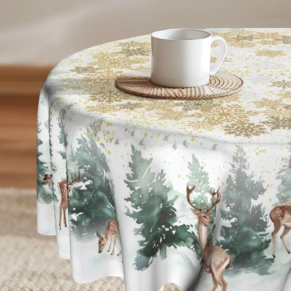 Winter Wondland Reindeer Round Tablecloths 60 Inch Christmas Snowflake Pine Tree Washable Table Cover Decoration Table Cloth for Dining Kitchen Holiday Picnic Indoor Outdoor Decor