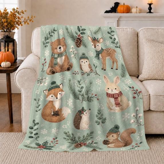 Winter Woodland Animals with Bear Deer Owl Fox Rabbit Hedgehog and Squirrel, Cheerful Watercolor Forest Art for Kids, Warm Flannel Blanket for Playroom and Bedroom, Christmas Gift, Home Decor