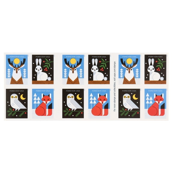 Winter Woodland Animals (Booklet of 20) Forever Postage Stamps (a Deer, Fox, Rabbit, and Owl) 2023 Scott #5822-5825