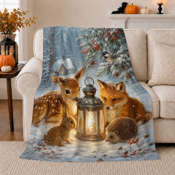 Winter Woodland Animals with Lantern Fox Fawn Rabbit and Hedgehog, Snowy Forest Friends Style for Animal Lovers, Warm Flannel Blanket for Bedroom and Living Room, Christmas Gift, Home Decor