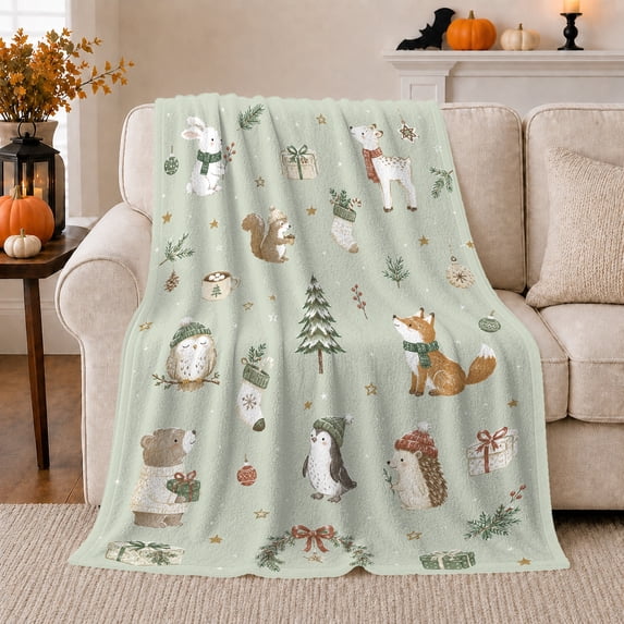 Winter Woodland Animals in Whimsical Illustrative Style for Baby Shower Shoppers, Scarf Hat Tree Scene, Cozy Flannel Blanket for Nursery and Playroom, Christmas Gift, Woodland Home Decor