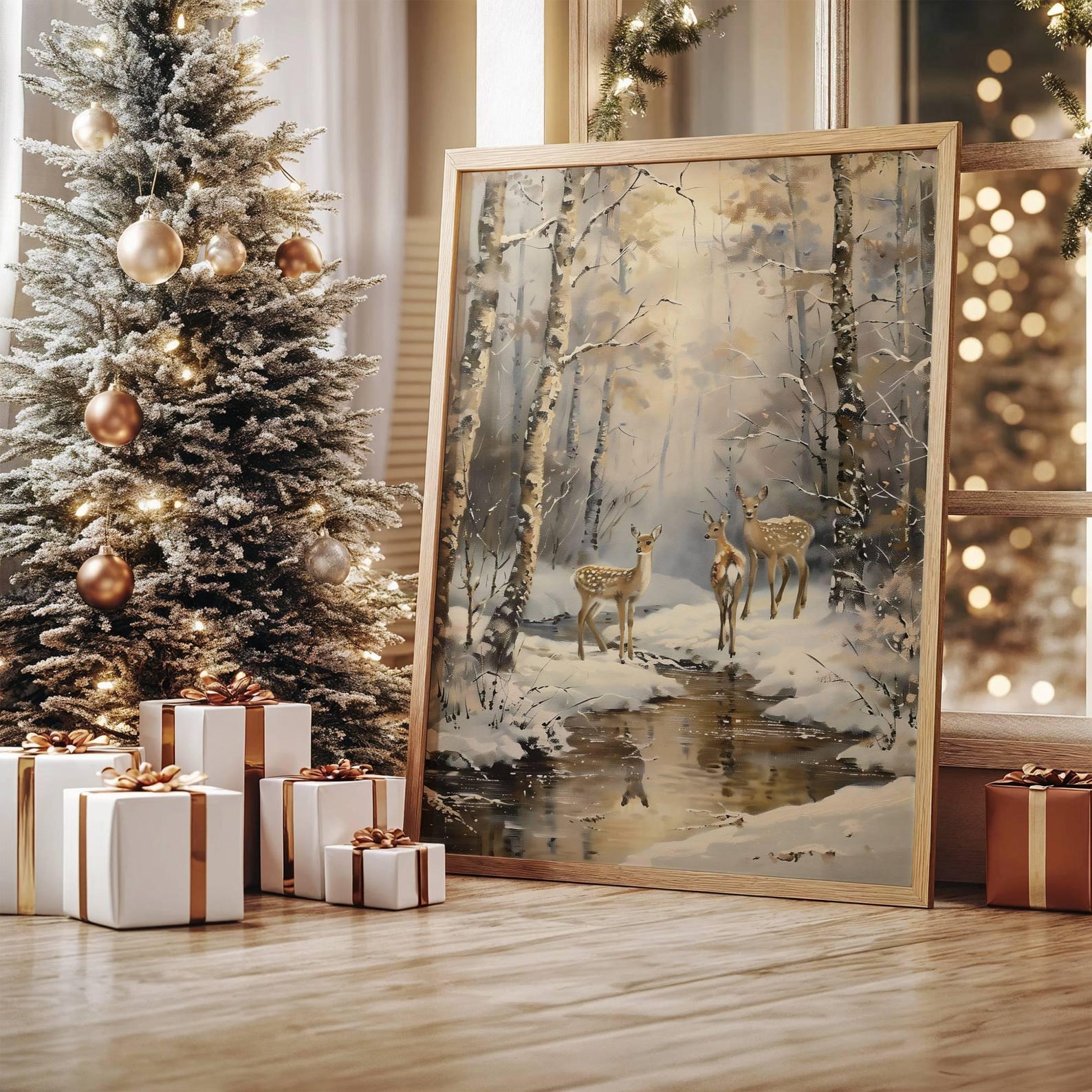 Winter Woodland Deer by the Creek Painting, Antique Snowy Forest Wall ...