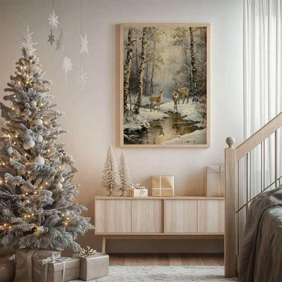 Winter Woodland Deer by the Creek Painting, Antique Snowy Forest Wall Art, Neutral Nature Forest Print, Cozy Christmas Cabin Winter Decor, 24x36 UNFRAMED