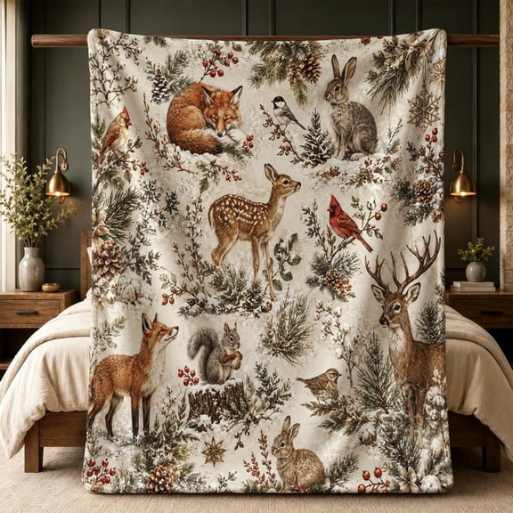 Winter Woodland Flannel Throw Blanket, Watercolor-Style Fox, Deer, Rabbit, Squirrel and Songbird Forest Artwork, 40 x 50 Inches