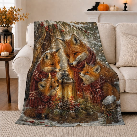 Winter Woodland Foxes Around Glowing Lantern Forest Animal, Festive Woodland Scene, Warm Flannel Blanket for Cabin and Lodge, Wildlife Lovers Housewarming Gift, Artistic Home Decor