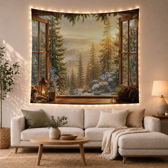 Winter Woodland Through Open Window with Lantern, Cozy Illustration, Christmas Gift for Nature Lovers, Woodland Wall Art, Tapestry Wall Hanging for Bedroom and Living Room