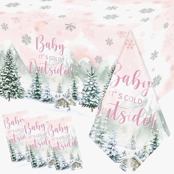 Winter Woodland Plastic Tablecloth - 3pcs Rectangle Table Cover for Baby Girl's Cold Outside Baby Shower & Birthday Party Decorations