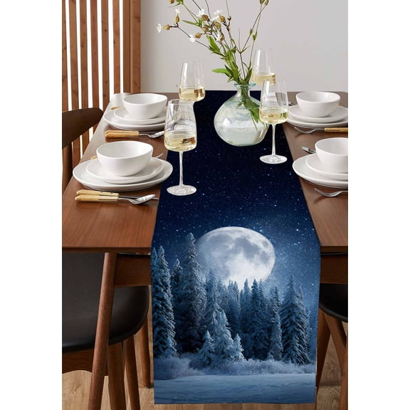 Winter Woods Landscapes Table Runner 13x36in Non-Slip Cotton Linen Table Runners, Abstract Moon Night View Dresser Scarves TableRunner for Dinner Kitchen Dining Wedding Party