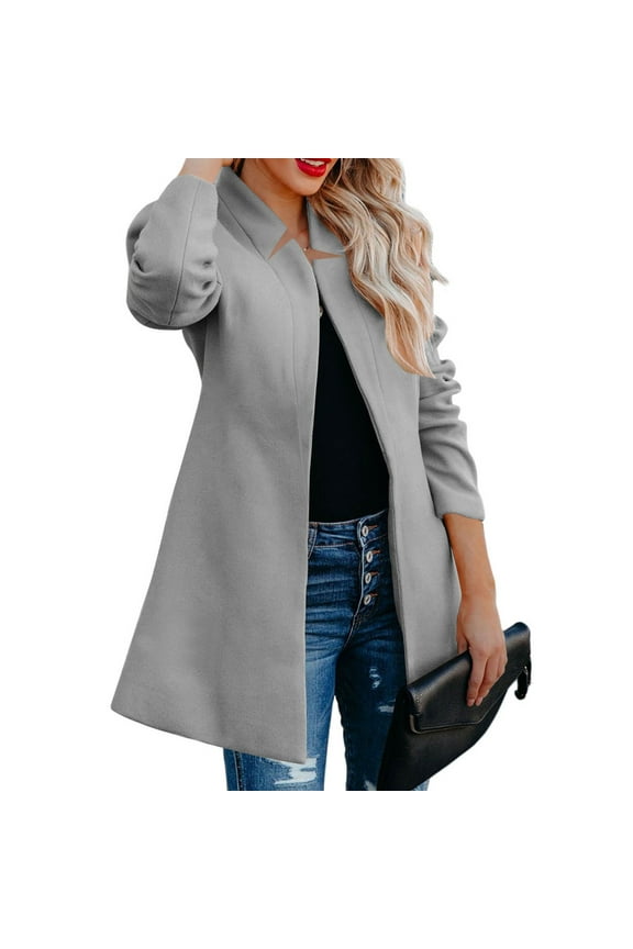 Winter Wool Blend Coats For Women Mid Long Trench Coat Classic Open Front Jackets Cardigans Outwear With Pockets Futuristic Coat Women Winter Jackets Quarter Length Wool Winter Jackets Tall Wool