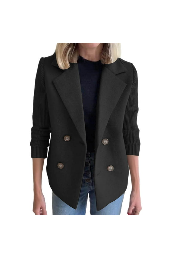 Winter Wool Coat Women's Blazer Coat Short Tunic Peacoat Lapel Outerwear Double Breasted Overcoat Office Dressy Outwear Fleece Trench Coats(Black,XL)