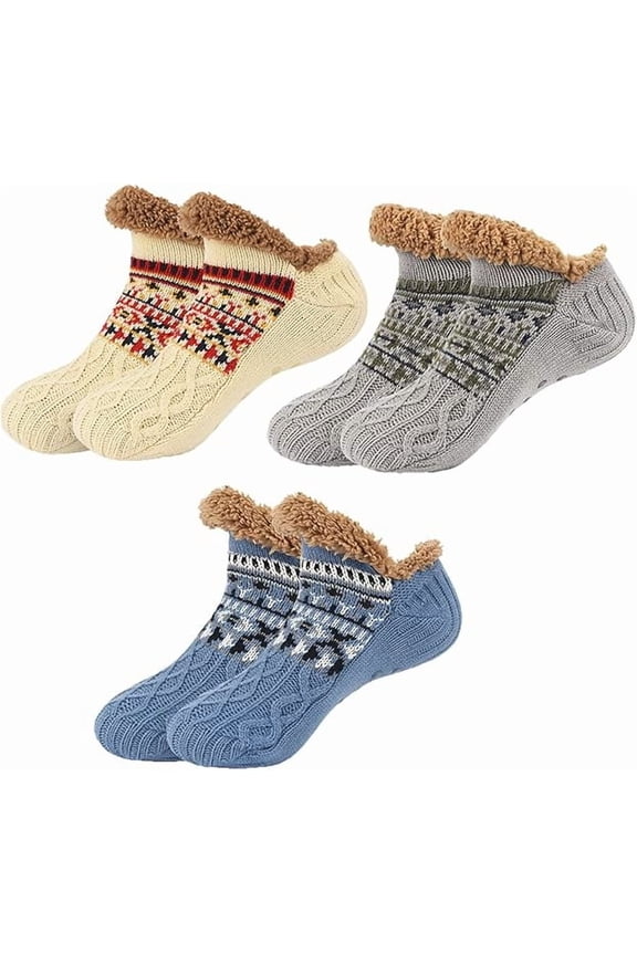 Winter Wool Socks,Indoor Non-Slip Thermal Socks,Fuzzy Slipper SocksWith Grips Winter Thick Warm Cabin ThermalSocks(3pairs-a-X-Large)