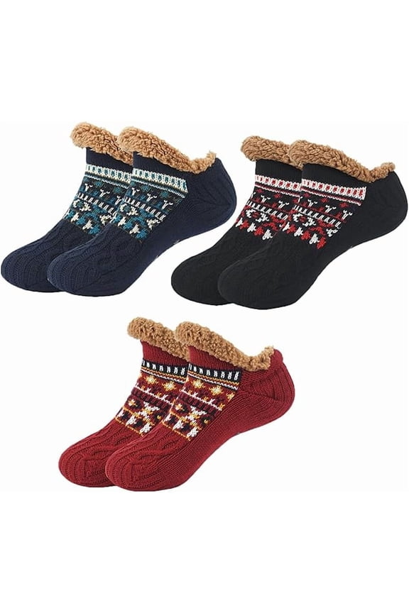 Winter Wool Socks,Indoor Non-Slip Thermal Socks,Fuzzy Slipper SocksWith Grips Winter Thick Warm Cabin ThermalSocks(3pairs-b-Medium)