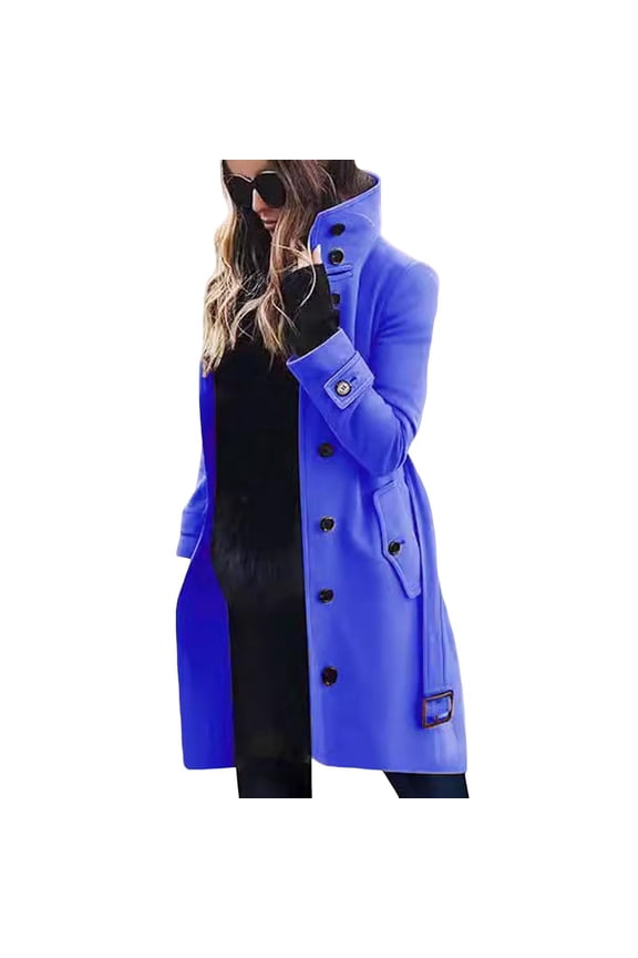 Winter Woolen Coat Plus Size High Collar Single-breasted with Belt Long Sleeves Thick Pure Color Jacket Dating Shopping Outdoor Overcoat