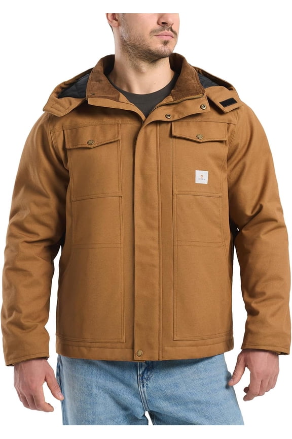 Winter Work Jackets for Men, Water Resistant Hooded Duck Canvas Coat, Relaxed Fit Insulated Utility Jacket with Pockets
