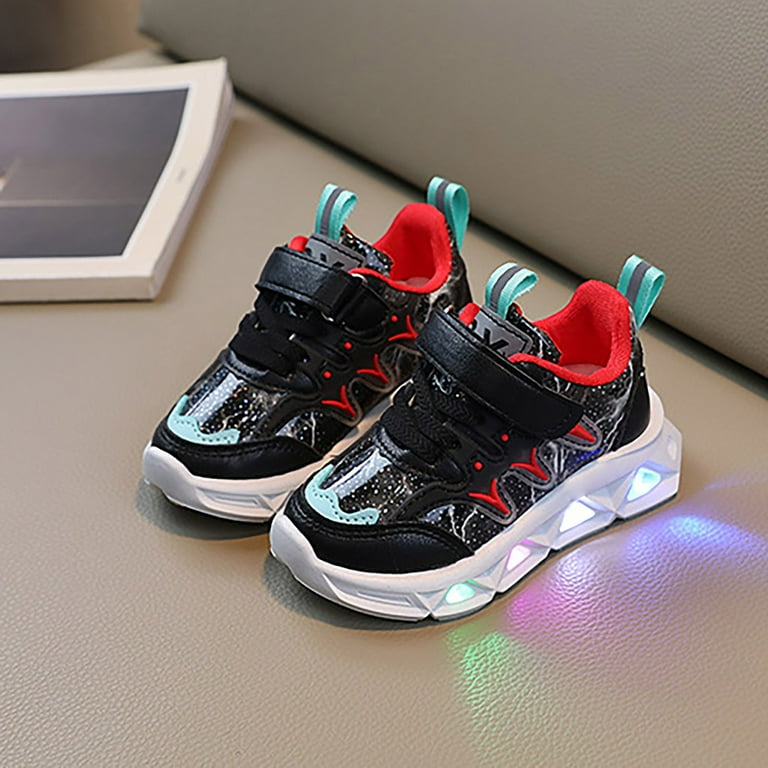 Winter Workout Athletic Sneakers for Girls Black Children s LED Charged Breathable Soft Sole Strap Collision Color 1 To 6 Years
