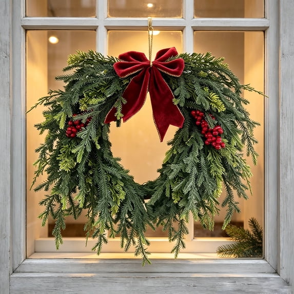 Winter Wreath, Christmas Decor, Front Door Wreath, Artificial Green Garland with Bows and Bells, Indoor and Outdoor Seasonal Decoration