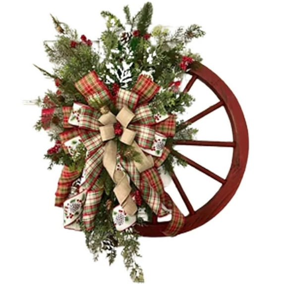 Winter Wreath-Farmhouse Wagon Wheel Christmas Wreath for Front Door Porch Outside Vintage Farmhouse Wall Decor Outdoor Red Wagon Wheels Wreaths with Ribbon Bow Berry for Housewarming Gift