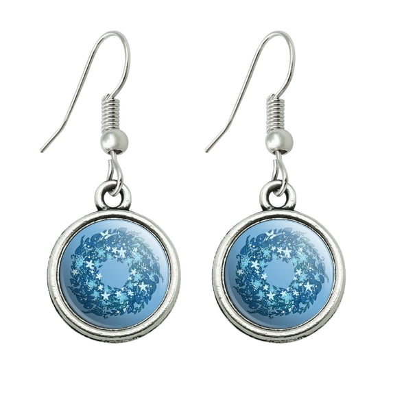 Winter Wreath Flowers Blue Novelty Dangling Drop Charm Earrings