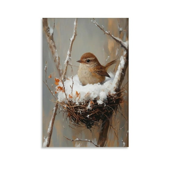 Winter Wren in Snow-Filled Nest - Rustic Wildlife Art, Cottagecore Winter Bird Print, Cozy Holiday Decor, Nature Painting Canvas Poster Wall Art Bedroom Decor Office Room Kitchen Decor