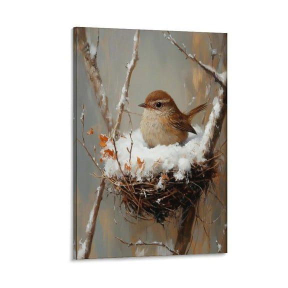 Winter Wren in Snow-Filled Nest - Rustic Wildlife Art, Cottagecore Winter Bird Print, Cozy Holiday Decor, Nature Painting Canvas Poster Wall Art Bedroom Decor Office Room Kitchen Decor