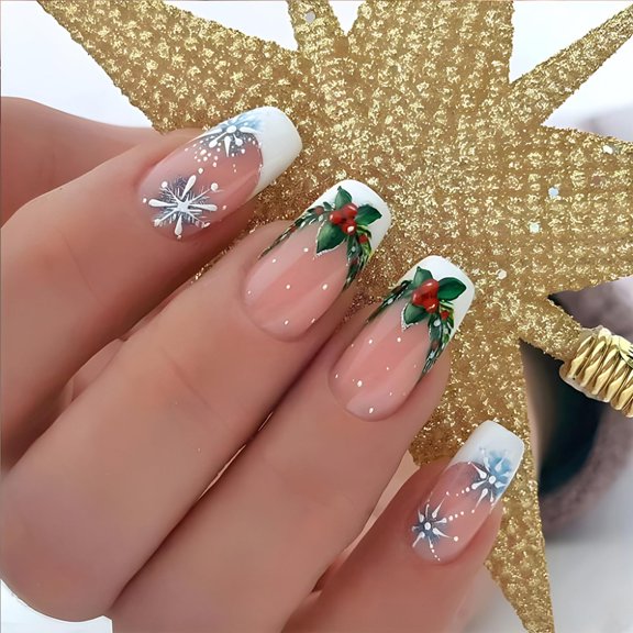 Winter Xmas Press on Nails Medium Square Fake Nails Glitter Green Gnome Glue on Nails with Christmas Tree Design Mirror Reusable Stick on Nails for Women DIY Manicure Decoration Multicolor Christmas