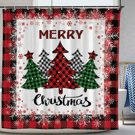 Winter Xmas Red Buffalo Check Plaid Merry Christmas Trees Polyester Shower Curtain for Bath 72"x72"