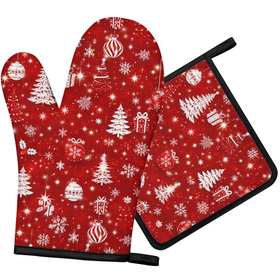 Winter Xmas Themed Oven Mitt And Pot Holder Set For Kitchen Holiday Decoration