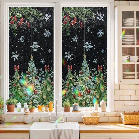 Winter Xmas Tree Snowflake Window Privacy Film,Decorative Windows Static Cling Farm Berry Pine Branches Heat Control Removable Glass Sticker for Home Bathroom Bedroom Window Door,17.7x39.3in