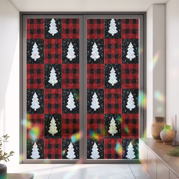 Winter Xmas White Pine Tree Snowflake Window Privacy Film,Decorative Windows Static Cling Farm Red Black Grid Plaid Heat Control Removable Glass Sticker for Bathroom Bedroom Window Door,35.4x78.7in