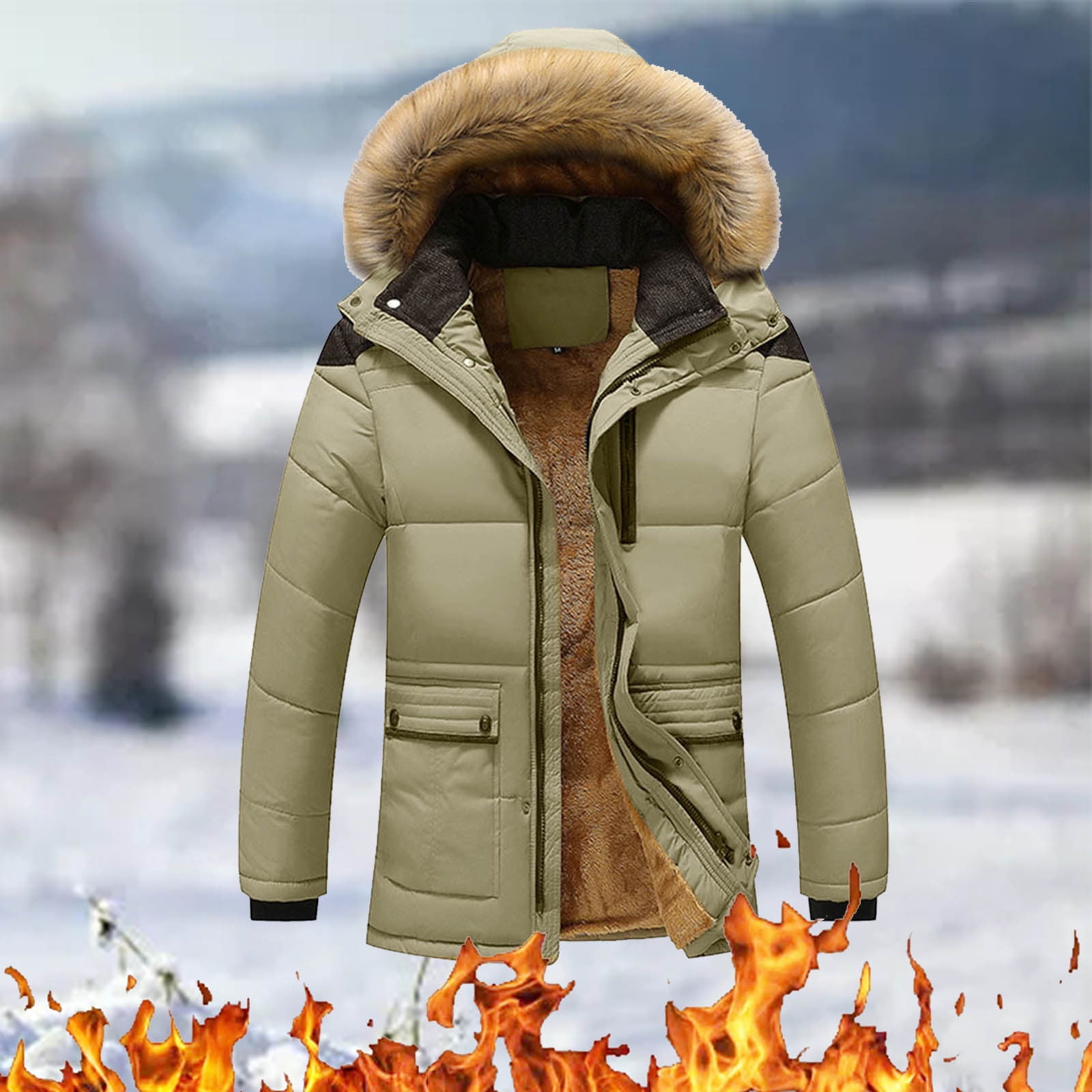 Winter Black Parka Jacket Men Men S Autumn Solid Color Long Sleeved Hooded Plush Collar Parkas Polyester Walmart