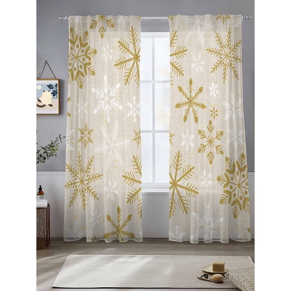 Winter Yellow Snowflake Sheer Curtains 2 Panels Set, 52" W x 84" L Christmas White Snowflake Light Filtering Rod Pocket Voile Drapes, Window Sheer Curtains for Living Room/Bedroom