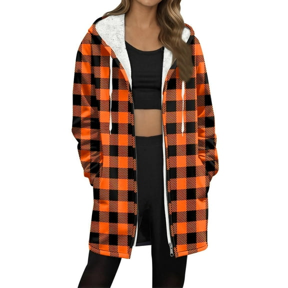 Winter Zip up Fleece Jacket for Women, Plaid Oversized Long Hoodie Fuzzy Jacket, Warm Trendy Coat with Pockets