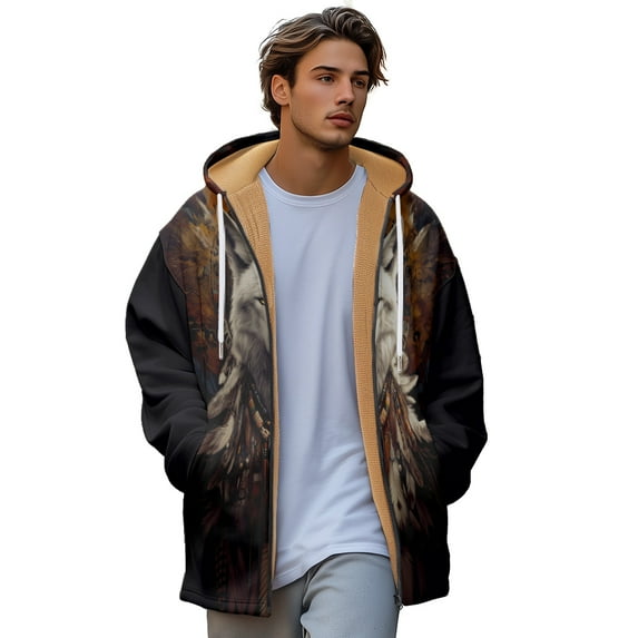 Winter Zipped Padded Sweatshirt Wolf Print Hoodie Everyday Cardigan Jacket