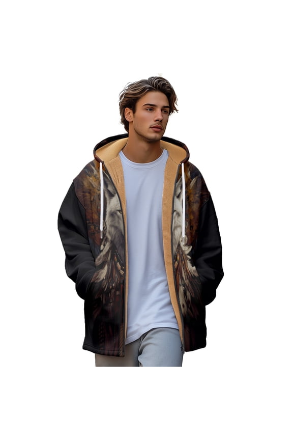 Winter Zipped Padded Sweatshirt Wolf Print Hoodie Everyday Cardigan Jacket