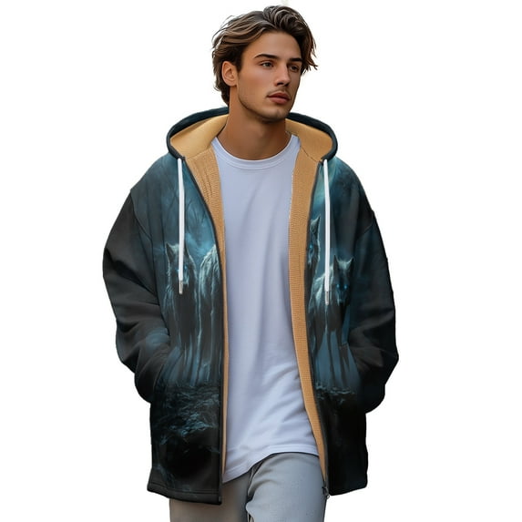 Winter Zipped Padded Sweatshirt Wolf Print Hoodie Everyday Cardigan Jacket