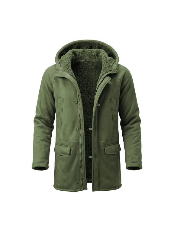 Winter Zipper Jackets Outwear for Men Fleece Sherpa Lined Jacket Mens Toggle Trench Coat Heavyweight Warm Hooded Casual Suede Leather Jacket with Multi Pockets